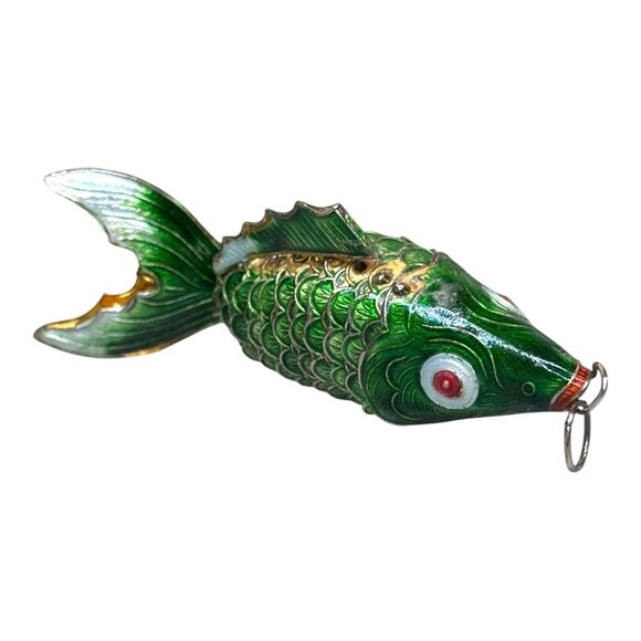 Large 4" Vintage Articulated Cloisonne Enamel Fish Pendant Keychain Green & Gold - Picture 4 of 7